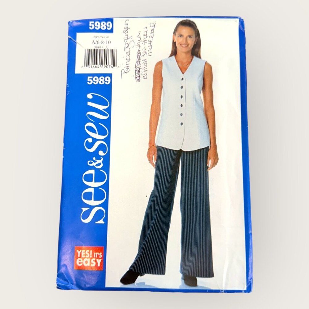 Vintage 1990s Butterick Sewing Pattern 5989 Misses Top Pants Size 6-10